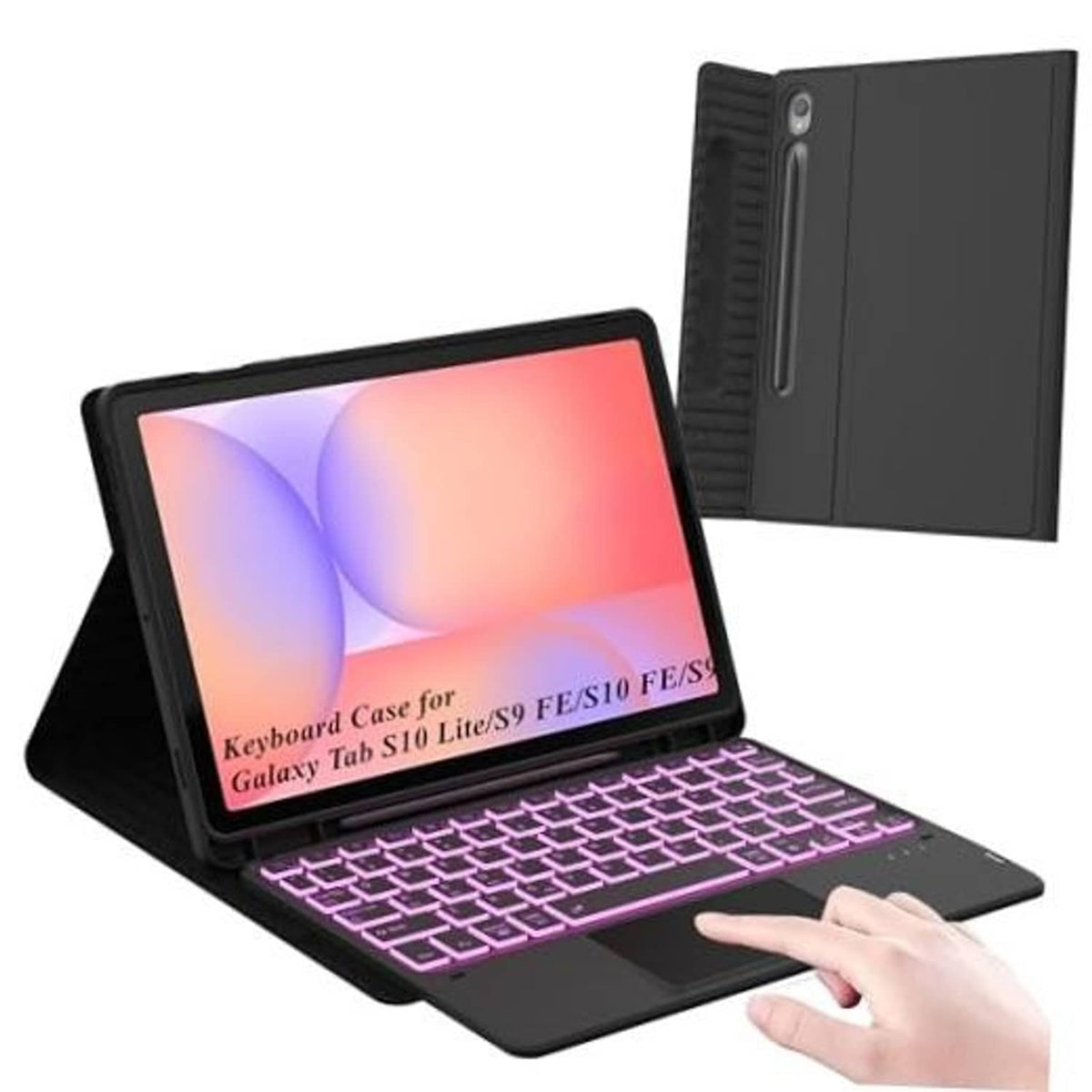 Black tablet keyboard case with 7-color backlit keys, tablet in folio, trackpad visible.