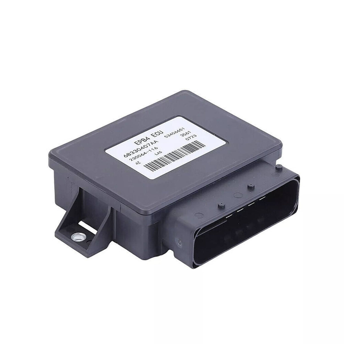 Dark gray parking brake control module with barcode label, side view and mounting tabs