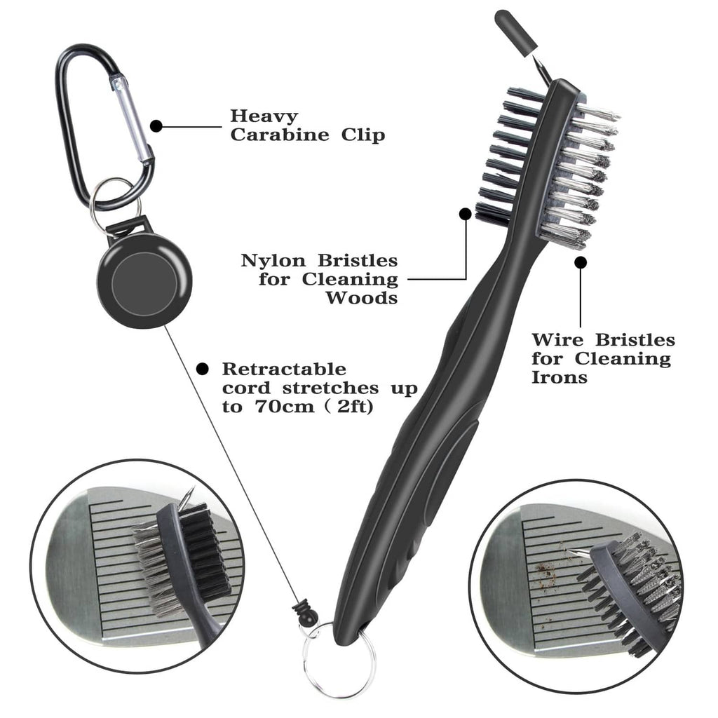 Retractable carabiner golf club brush with nylon and wire bristles, black handle
