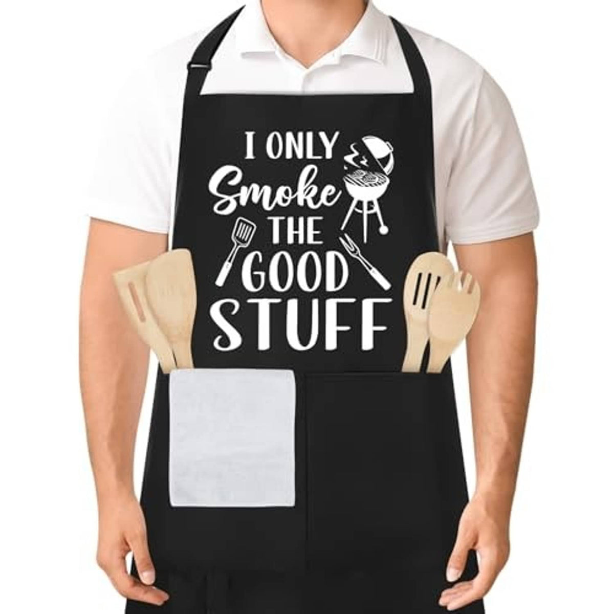 Black barbecue apron with smoke-themed 'I only Smoke the Good Stuff' graphic and front pocket