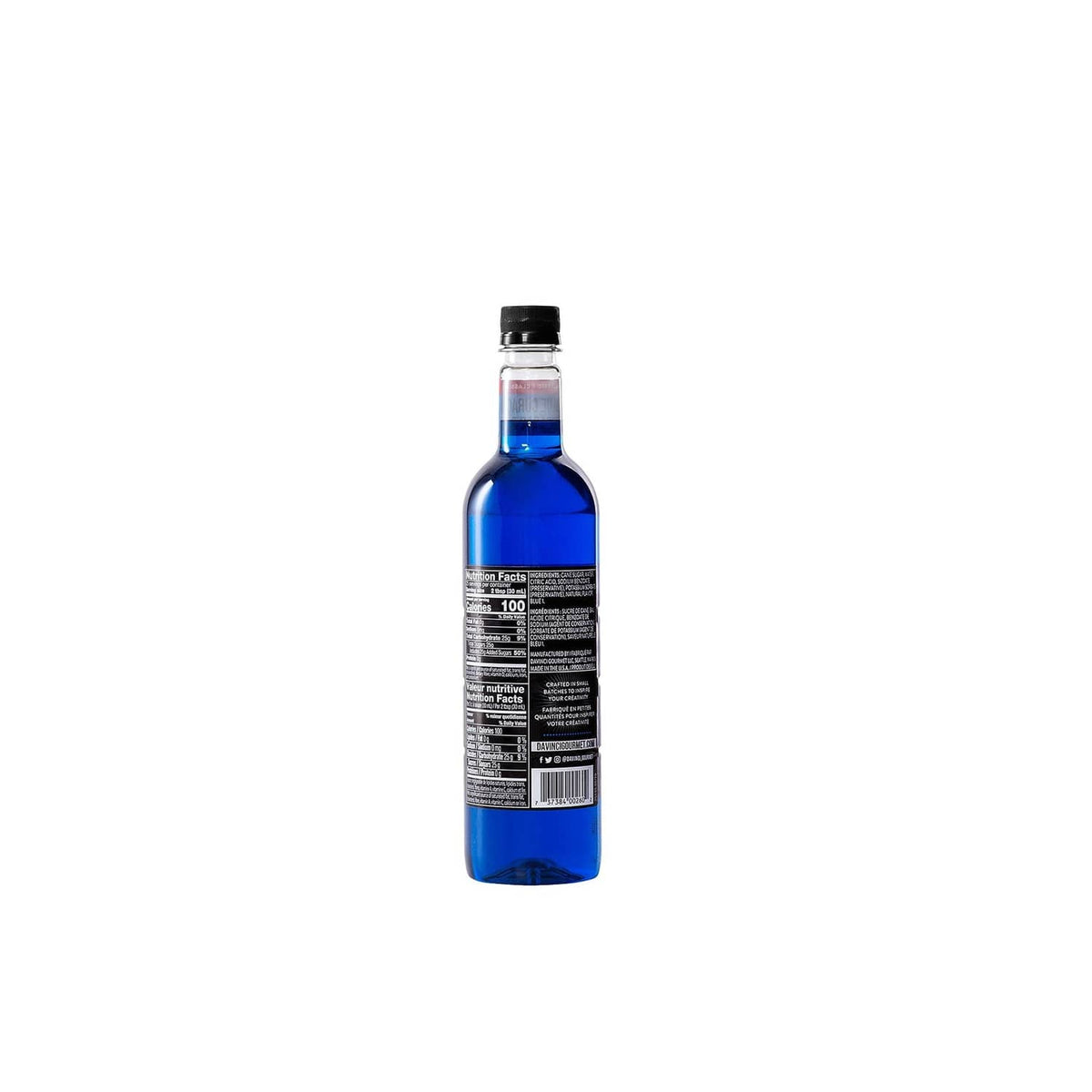 DaVinci Gourmet Blue Curacao syrup bottle, black cap, blue glass bottle