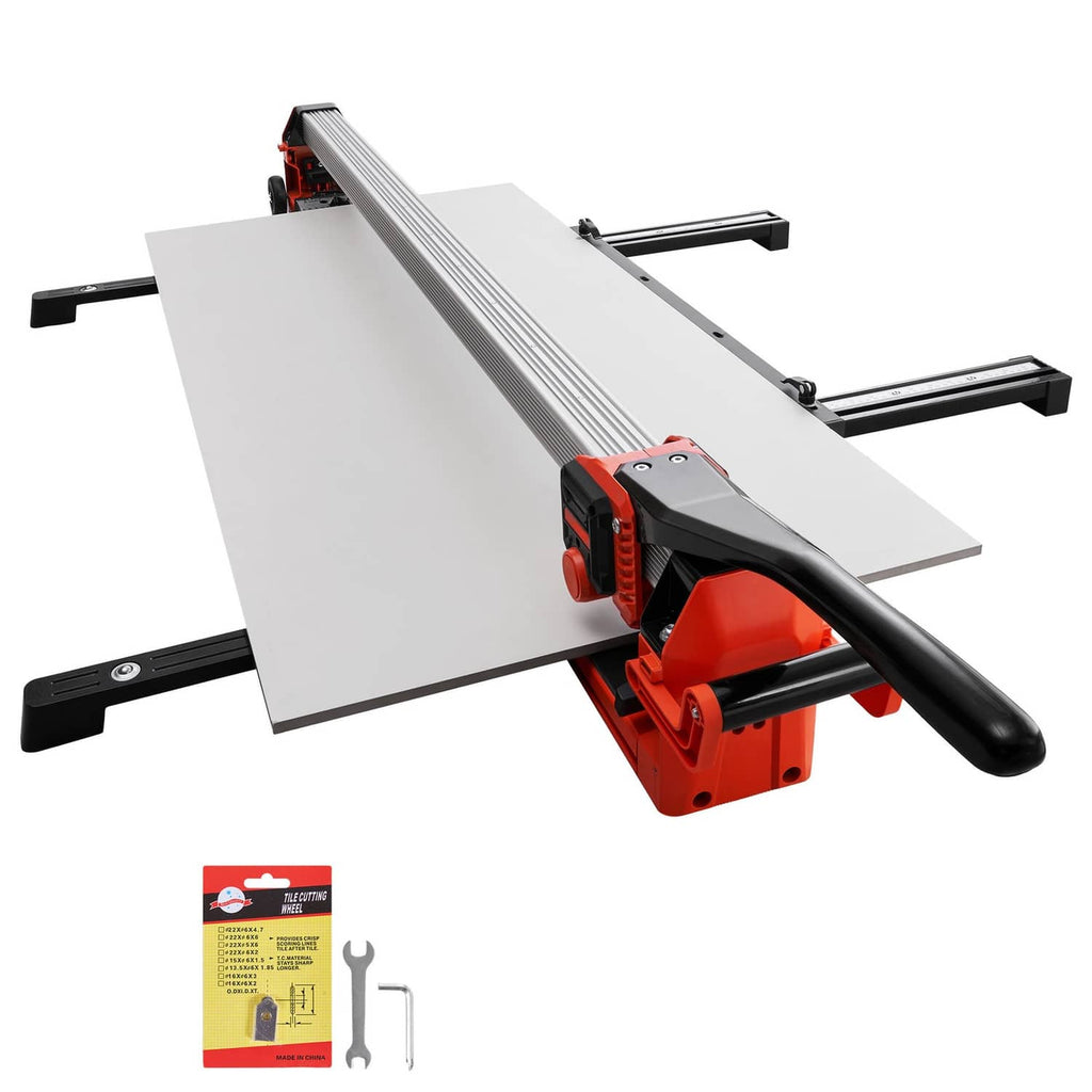 Manual tile cutter with orange base, black handle, and silver scoring rail