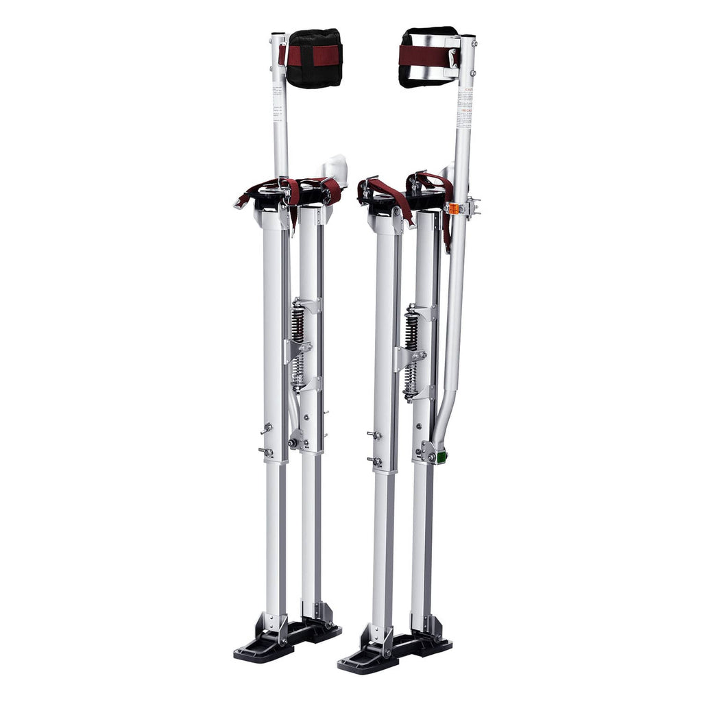 Adjustable aluminum drywall stilts with wide knee pads and rubber foot bases