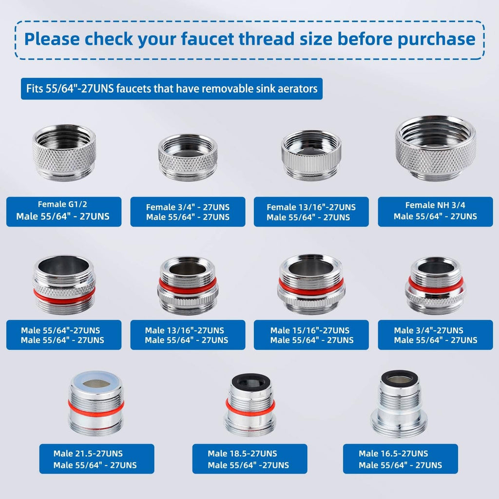 Chrome faucet aerator adapter caps with mesh screens and red sealing rings, assorted sizes
