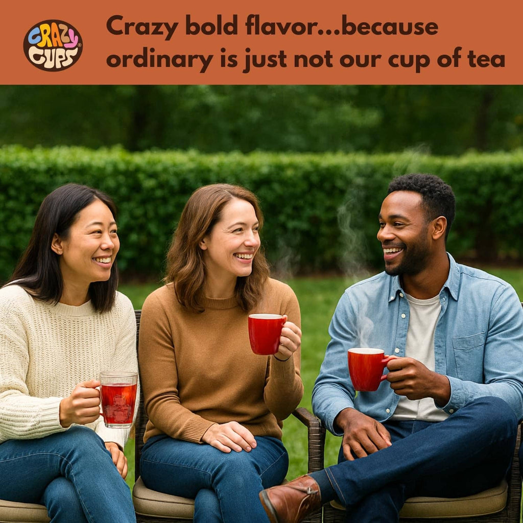 Crazy Cups herbal tea in red cups held by three people outdoors