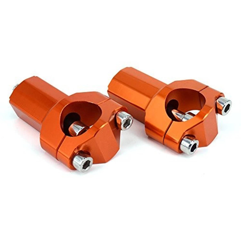 Orange two-piece handlebar riser clamp set with bolt holes and metallic hex bolts