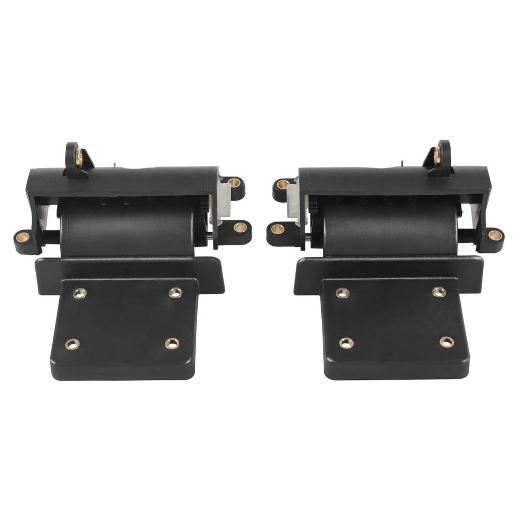 Two black glove box hinge assemblies with square plates and pivot cylinders