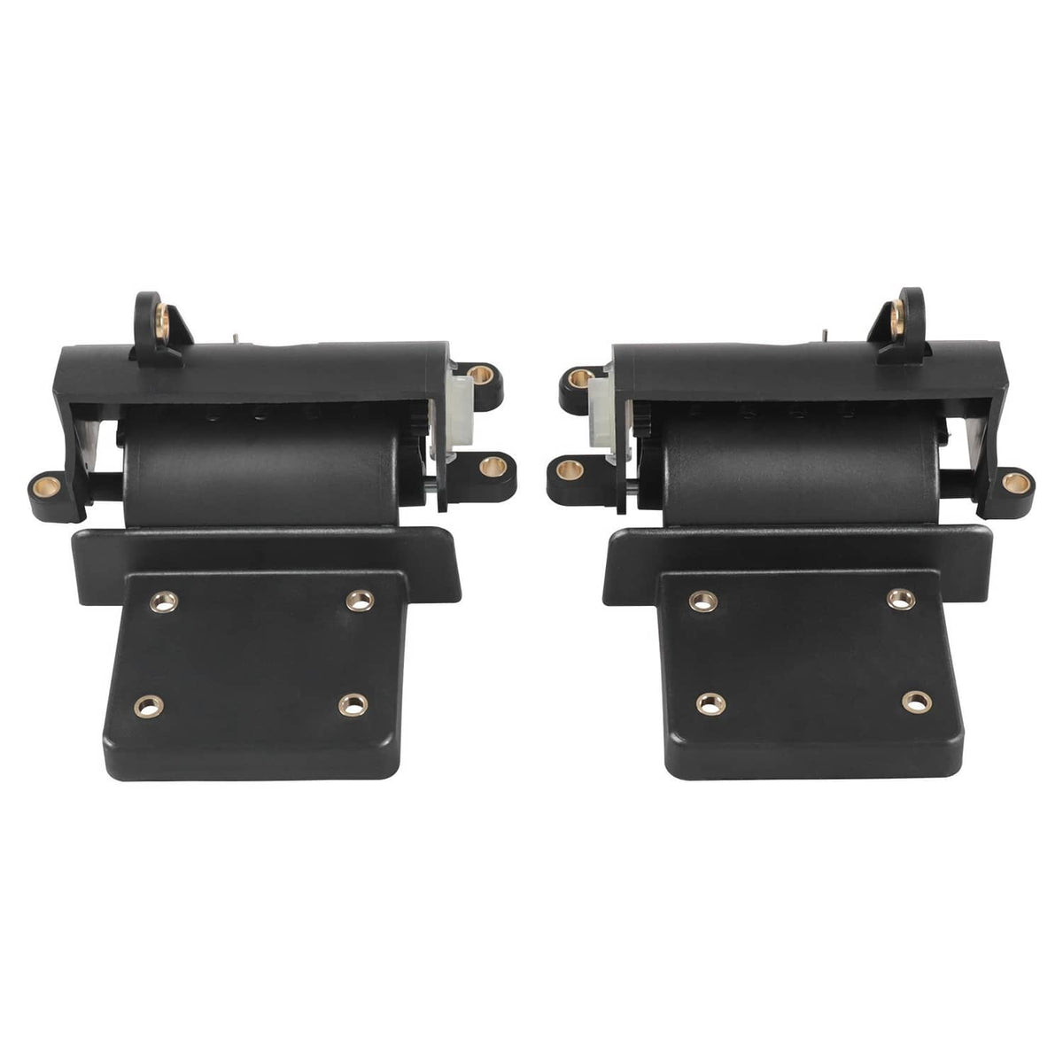 Two black glove box hinge assemblies with square plates and pivot cylinders