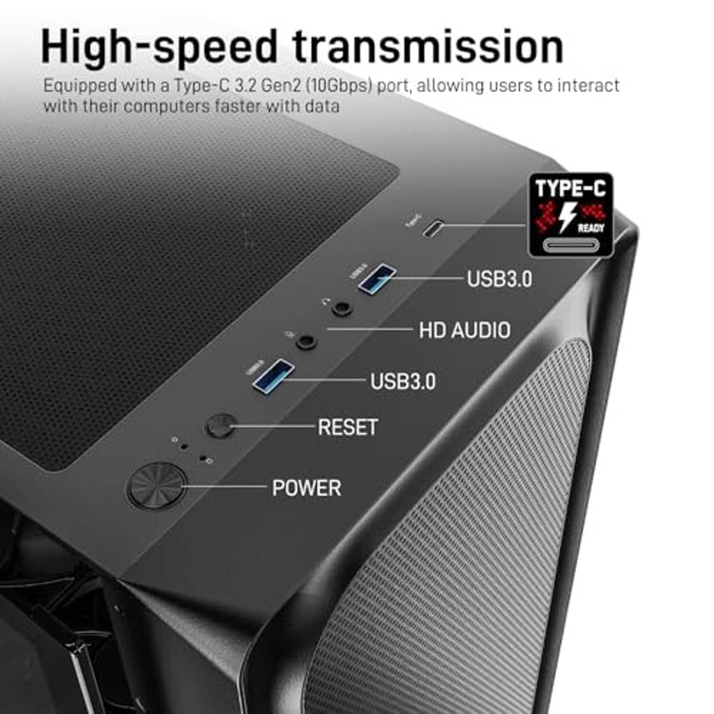 Black I/O panel with Type-C ready port, USB 3.0, HD audio, power and reset