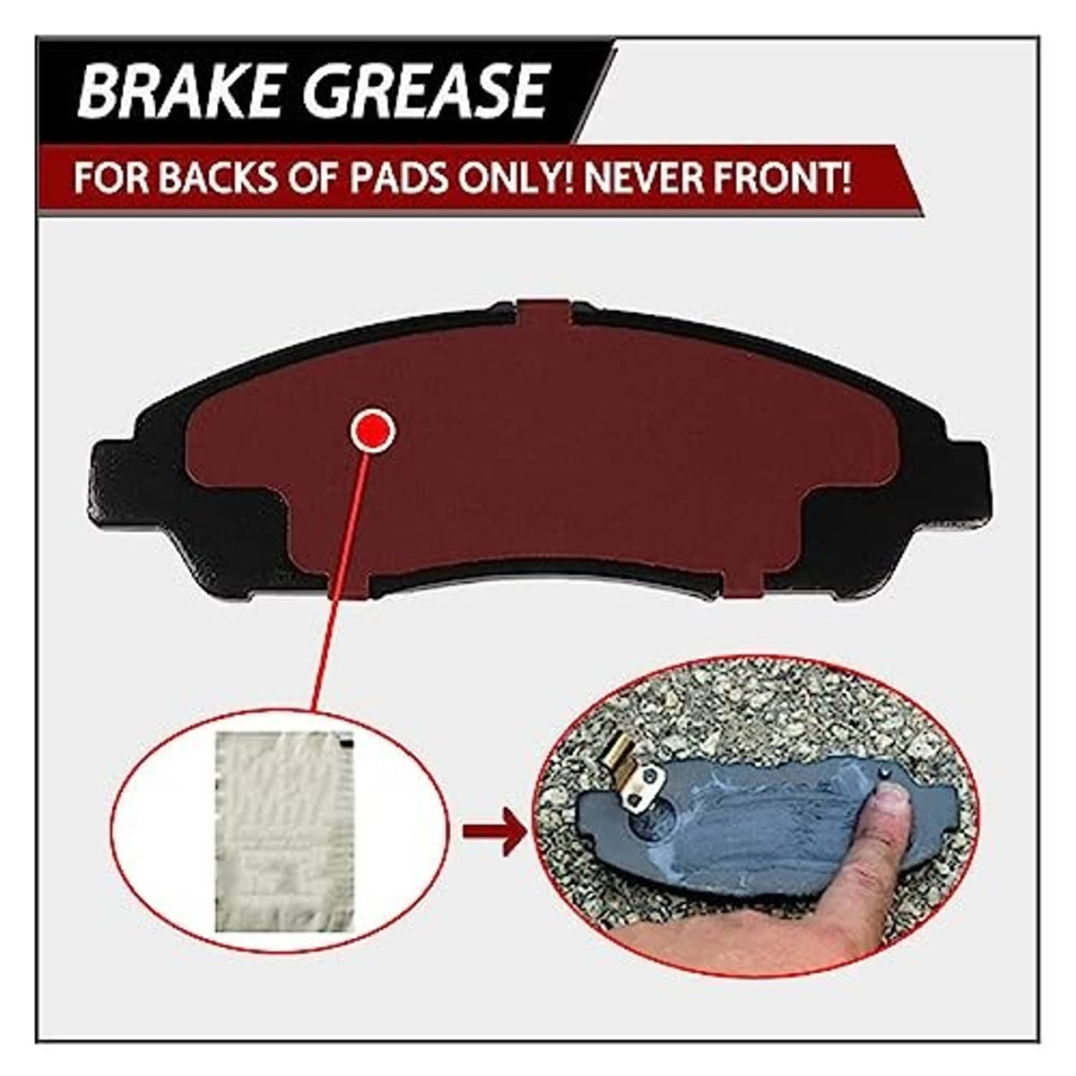 Brake pad back grease application diagram with a coated pad backing surface