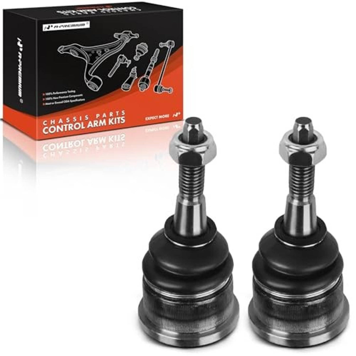 Pair of front upper ball joints with black rubber boots and silver studs, with box