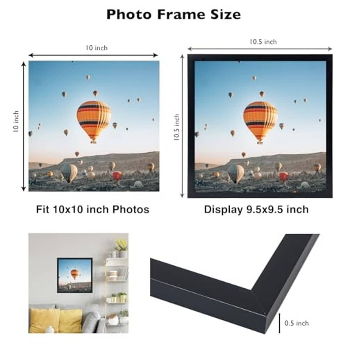 Black photo frame size diagram showing fit for 10x10 photos and 9.5x9.5 display