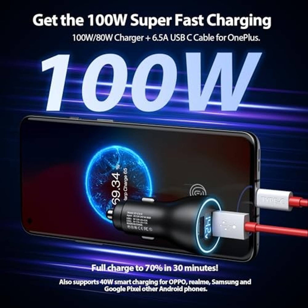 Black car USB charger with red cable connected to a smartphone, USB-A and Type-C ends