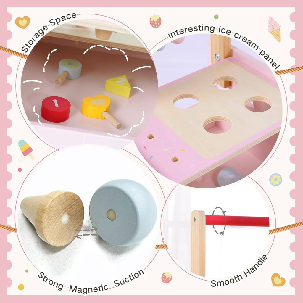 Pink wooden push walker with storage compartments and suction base details, toy handle