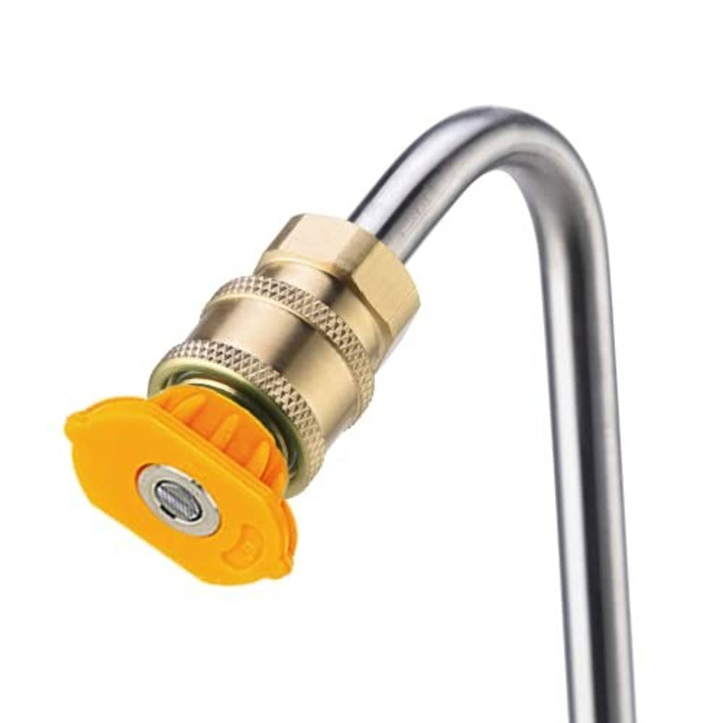Close-up of angled stainless steel wand with brass coupling and yellow nozzle tip