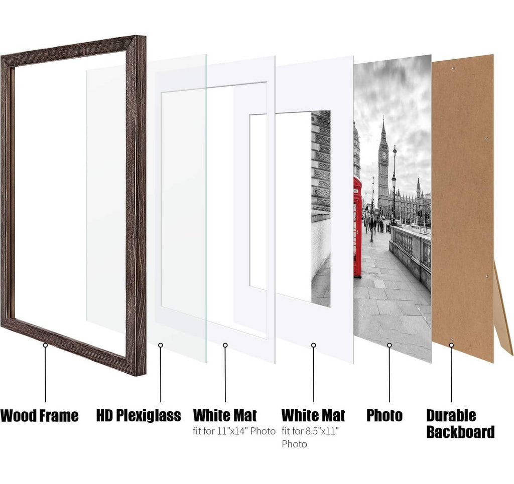 Rustic brown picture frame with HD plexiglass, white mat, and photo backing