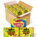Mixed candy variety pack in open kraft carton showing Sour Patch Kids and Swedish Fish