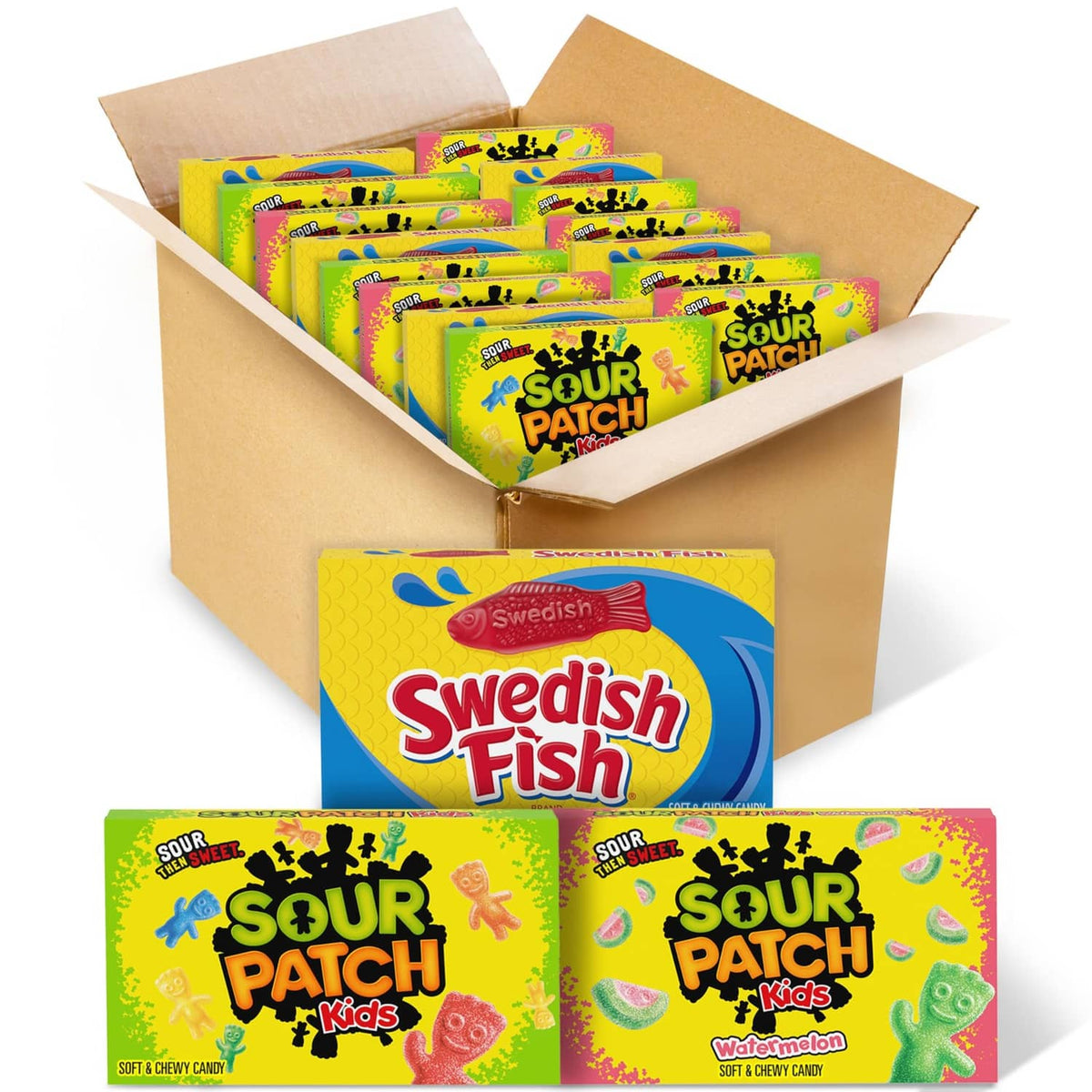 Mixed candy variety pack in open kraft carton showing Sour Patch Kids and Swedish Fish