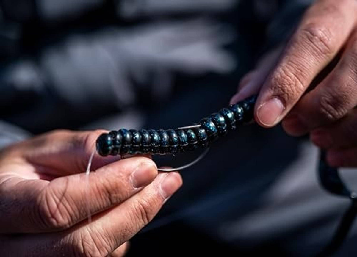 Hand holding a ribbed black-and-blue fleck soft plastic worm