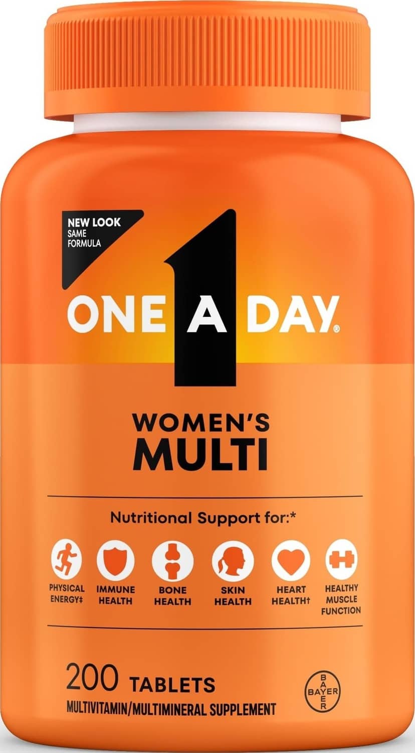 Orange women’s multivitamin supplement bottle with orange screw cap, 200 tablets