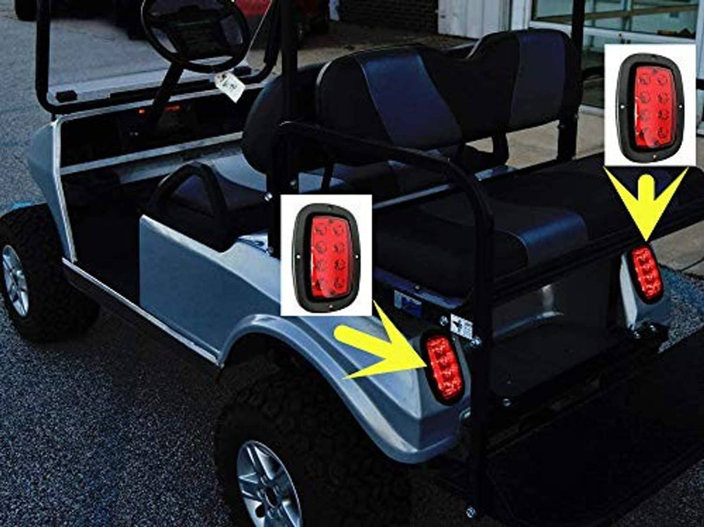 Mounted LED golf cart taillight set with red lenses on black housing