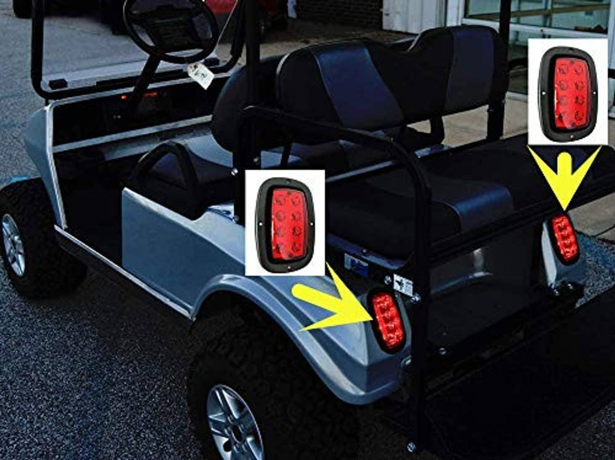 Mounted LED golf cart taillight set with red lenses on black housing