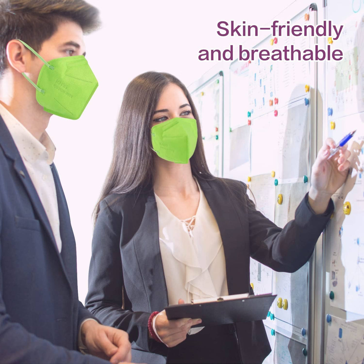 Green KN95 face masks on two people, secure protective fit