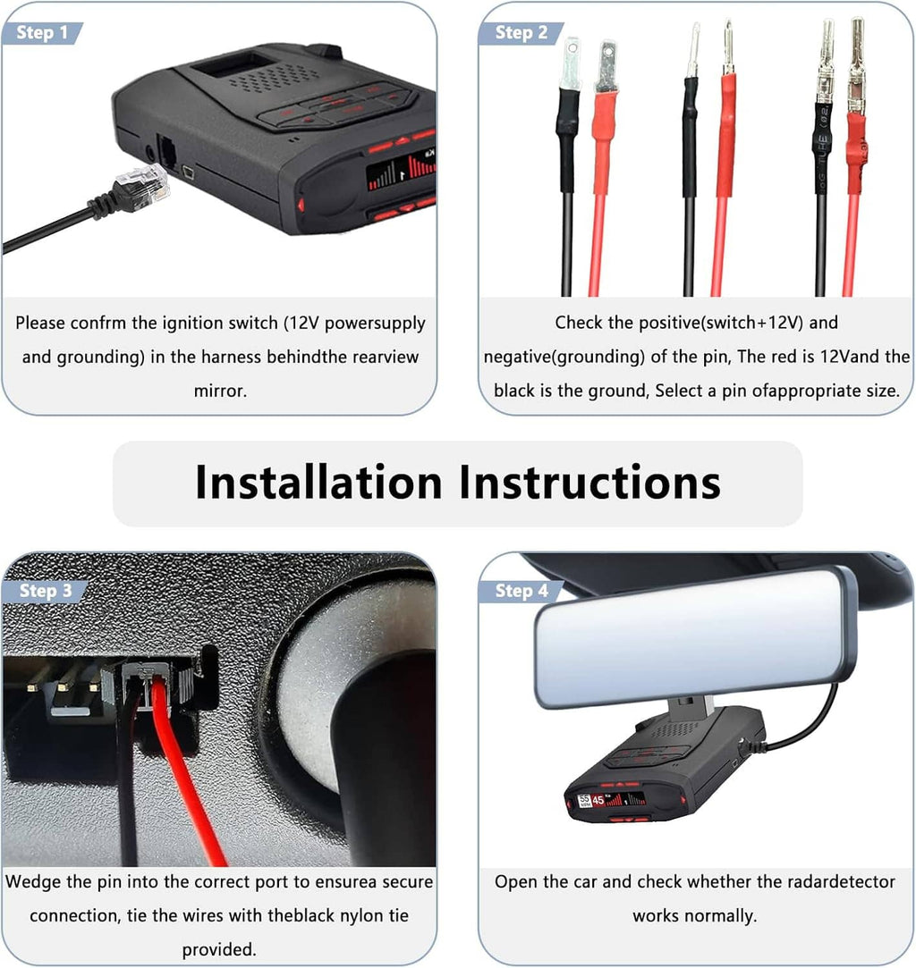 Hardwired radar detector power cord kit with black control box and red/black connection leads