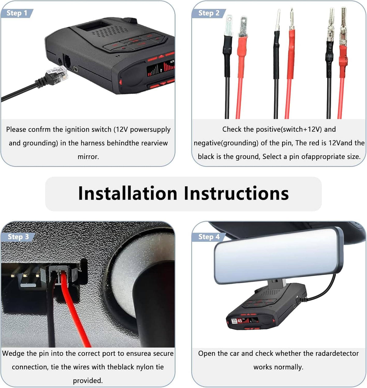 Hardwired radar detector power cord kit with black control box and red/black connection leads