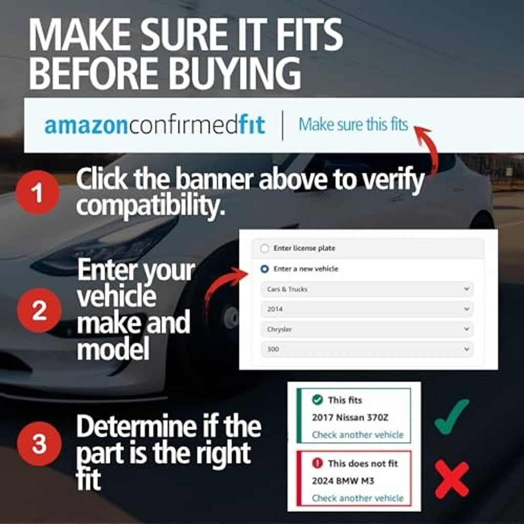 Brake pad fitment verification graphic prompting vehicle make, model, and part match check