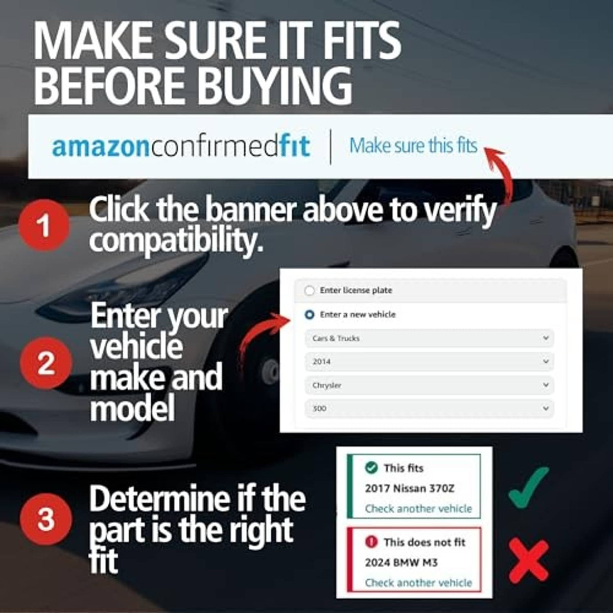 Brake pad fitment verification graphic prompting vehicle make, model, and part match check