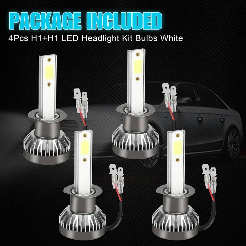 4-pack H1 LED headlight kit bulbs with two bulb bases, wiring, and mounting brackets
