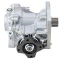 Silver transfer case assembly with black mounting seal and metal housing, front view