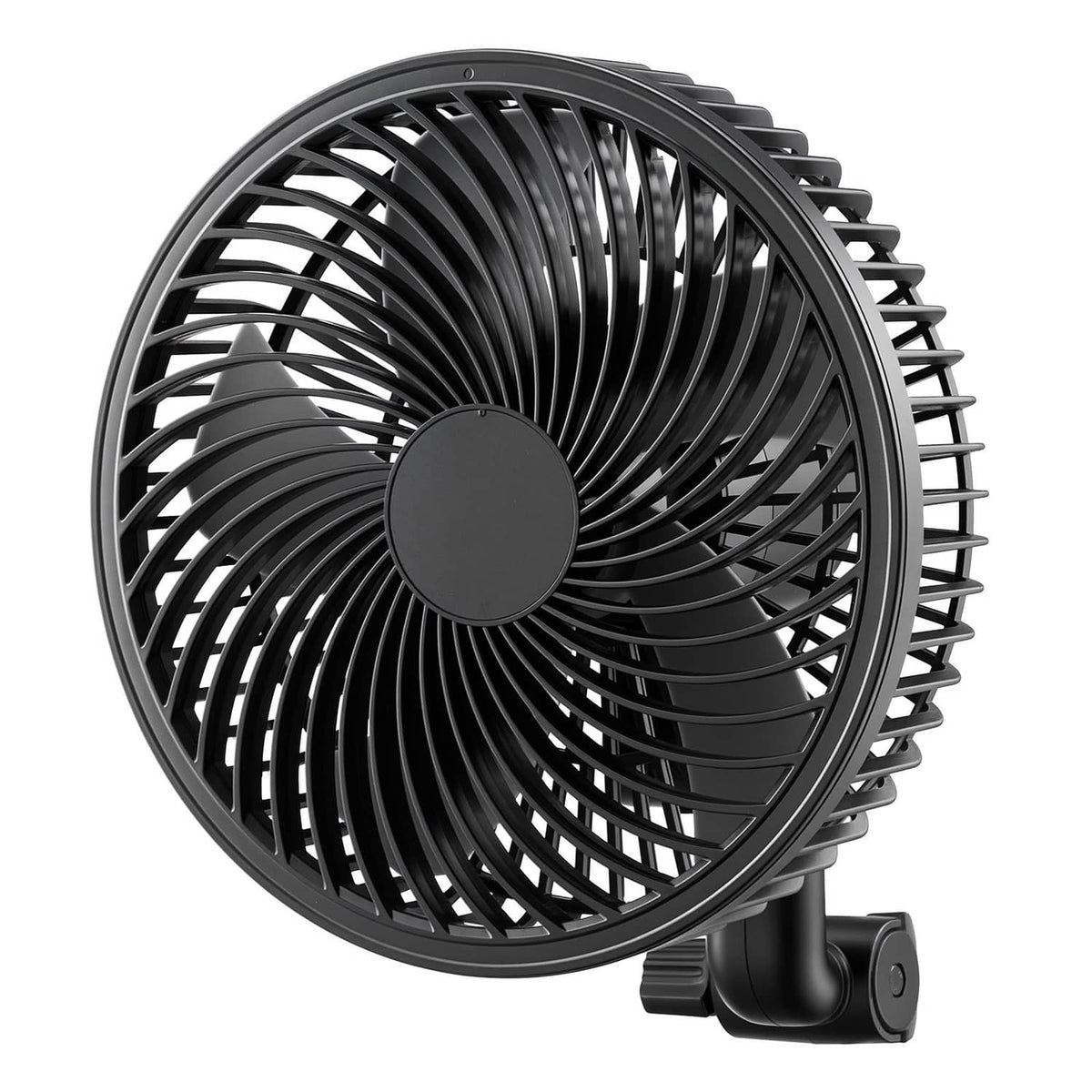Clip-on grow tent fan, black fan blades behind grille with side clip