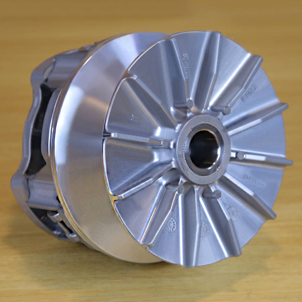 Silver primary drive clutch kit side view showing outer fins and center bore