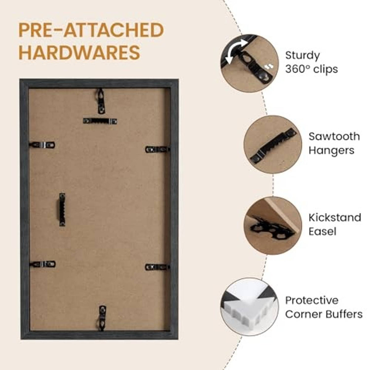 Back panel with pre-attached hardware: clips, sawtooth hangers, and corner buffers