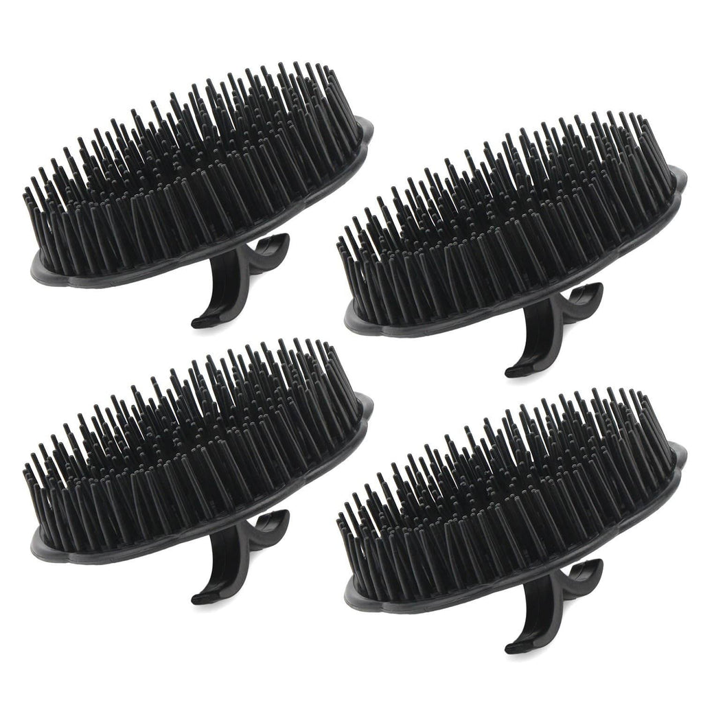 Four black hair scalp brushes with dense bristles and curved grip handles for shower use