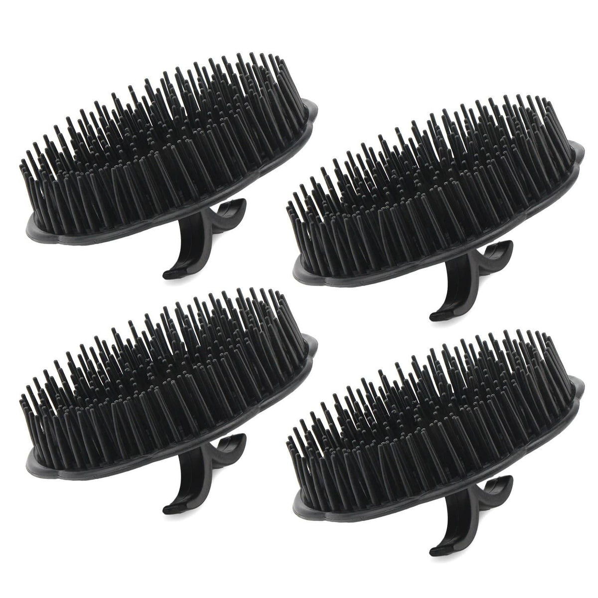 Four black hair scalp brushes with dense bristles and curved grip handles for shower use