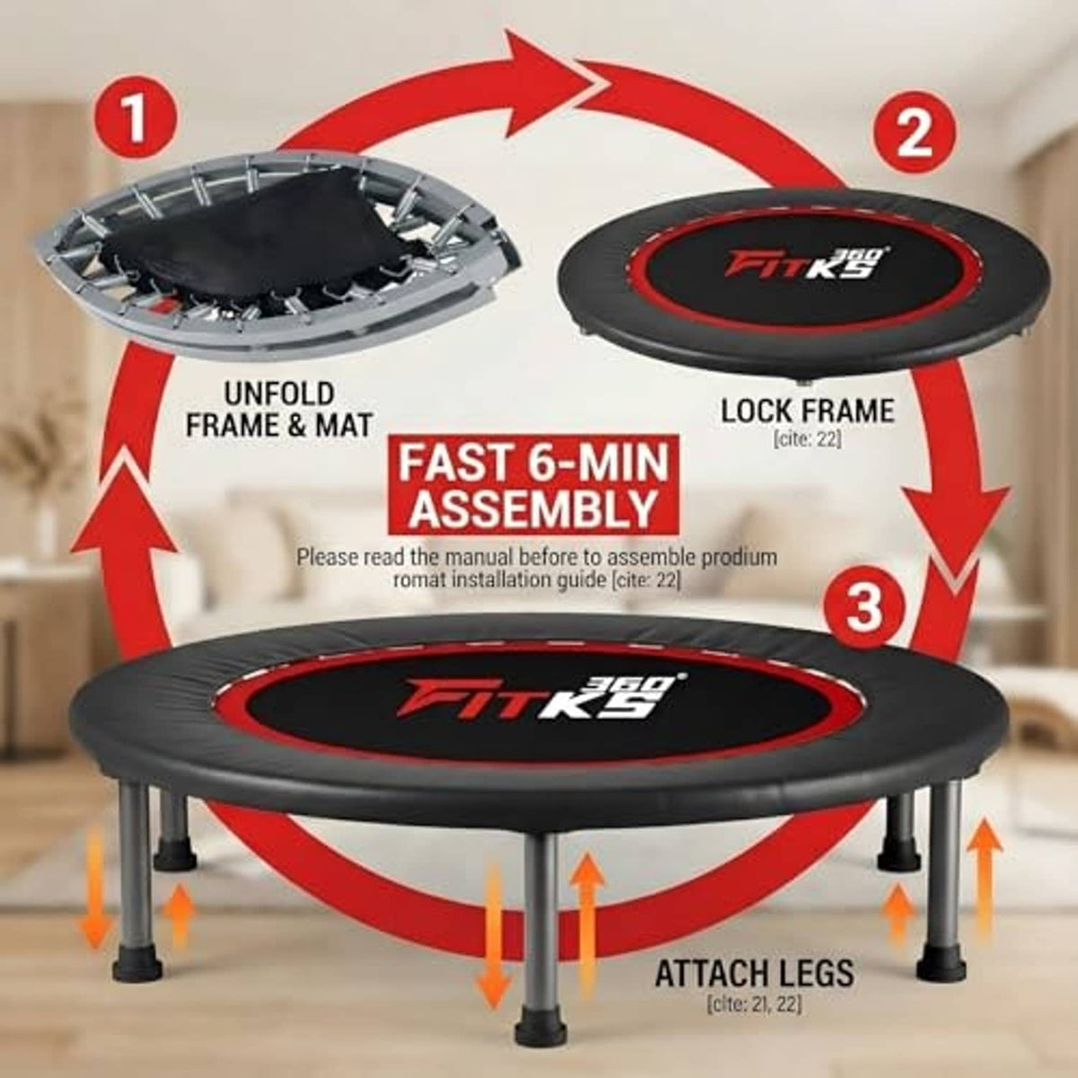 Foldable trampoline with black mat and red rim, plus visible assembled leg frame