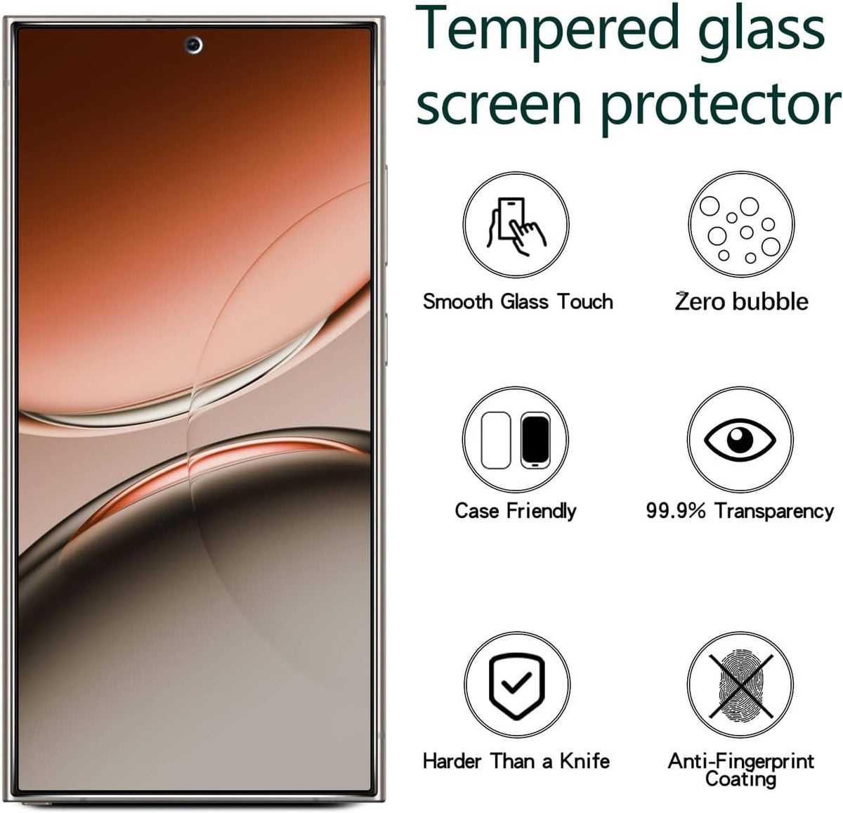 Tempered glass screen protector with smooth finish and zero-bubble look for a phone screen
