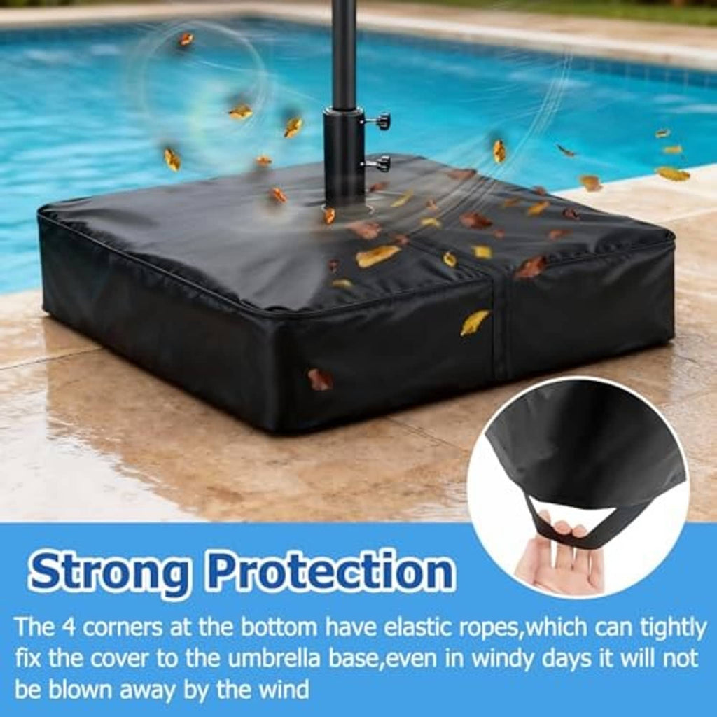 Black umbrella base cover with pole opening, protecting base from leaves and rain.