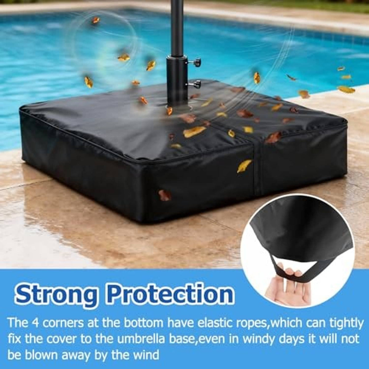 Black umbrella base cover with pole opening, protecting base from leaves and rain.