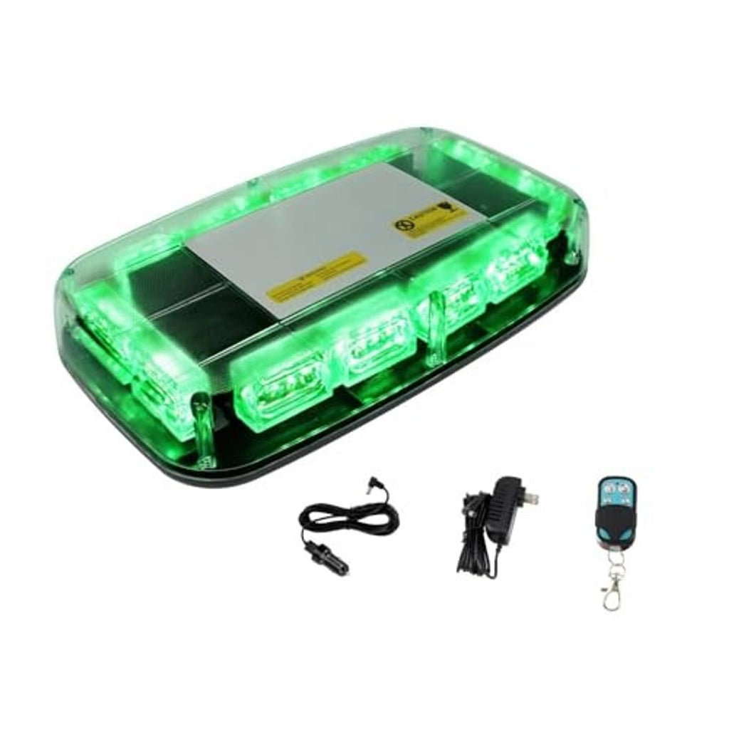 Green roof strobe light kit with remote control, cables, and power adapter components