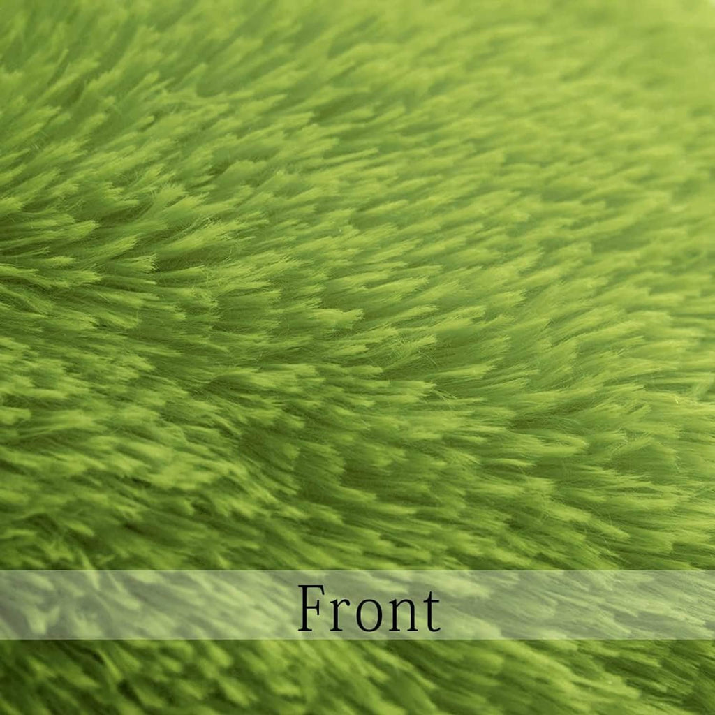 Bright green faux fur fabric swatch with dense shag fibers