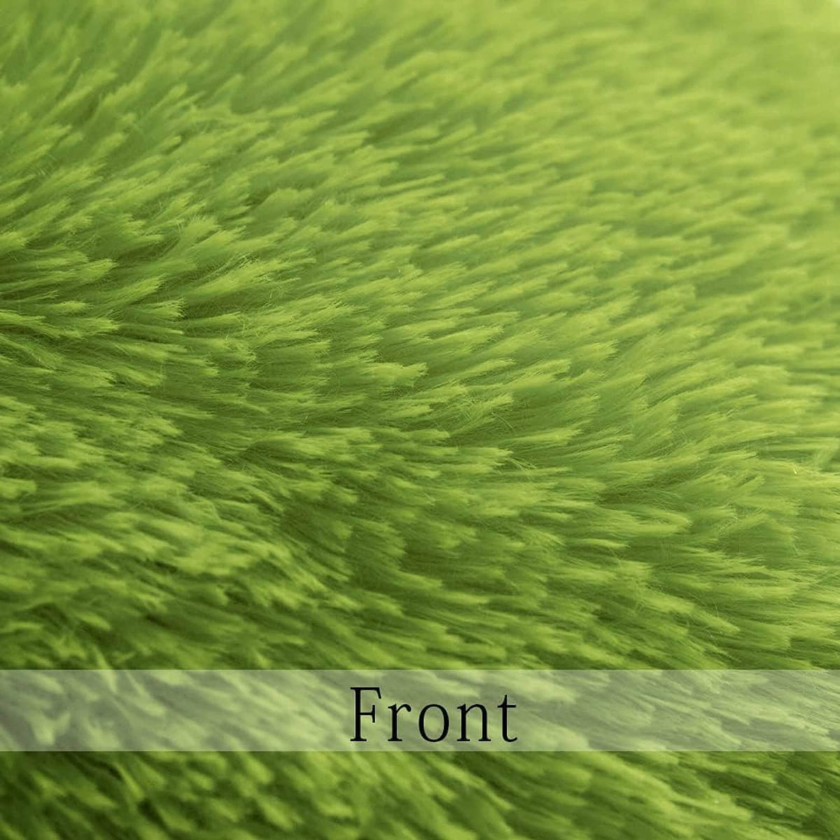 Bright green faux fur fabric swatch with dense shag fibers