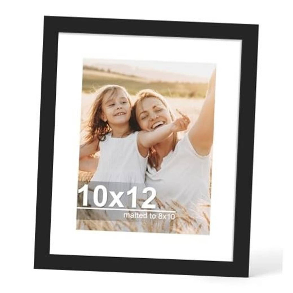 Black 10x12 picture frame with glass and white mat, holding photo of two children