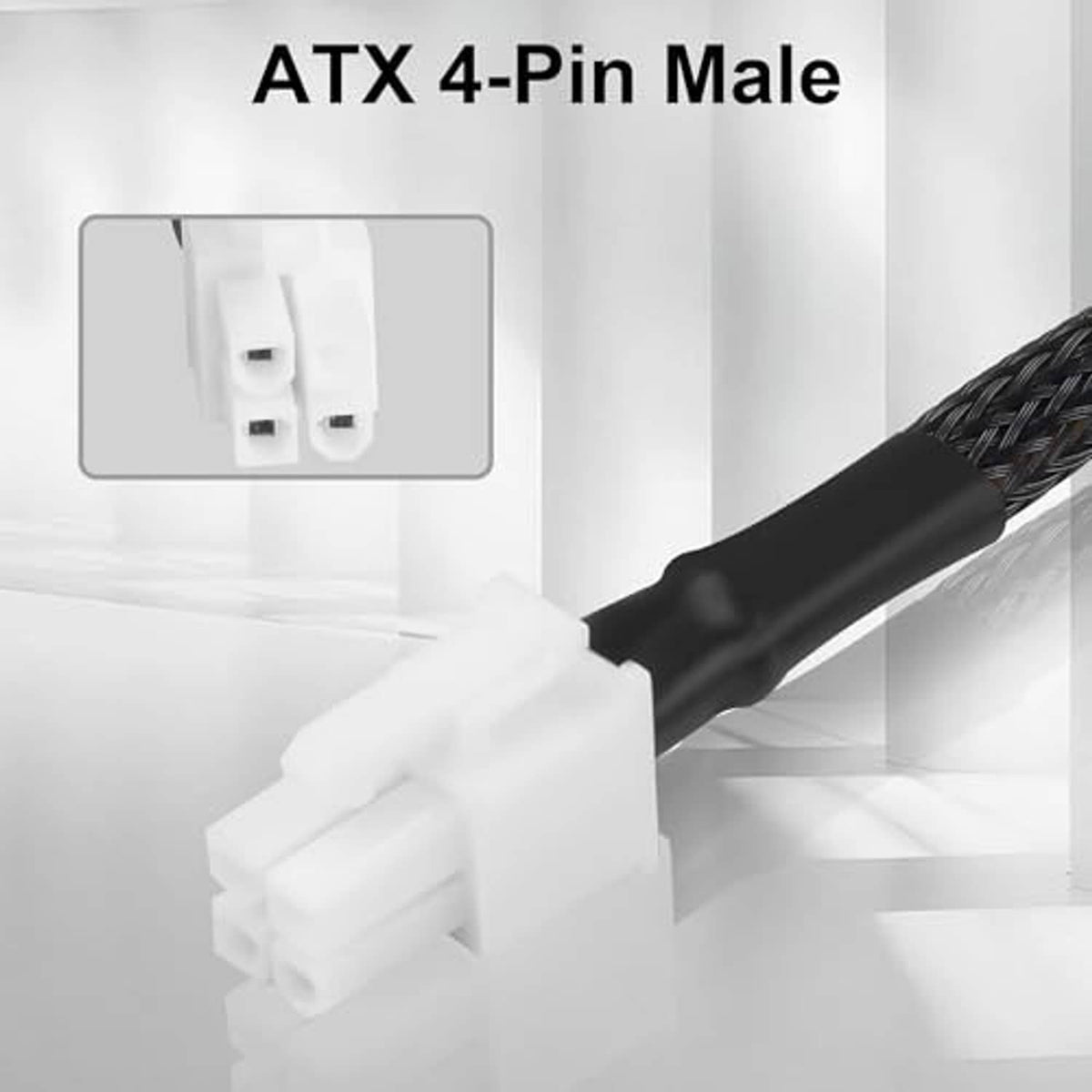 ATX 4-pin male power connector end with white plug on cable