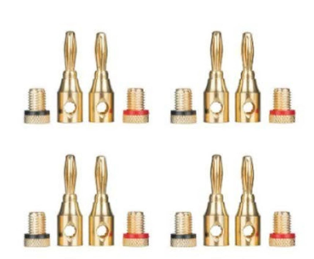 Gold-plated banana plugs with open-screw posts and red insulating tips, multiple views