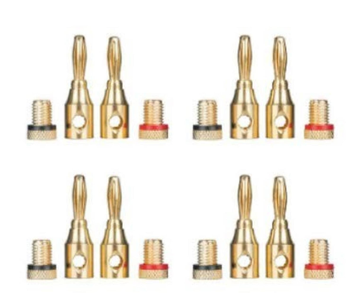 Gold-plated banana plugs with open-screw posts and red insulating tips, multiple views