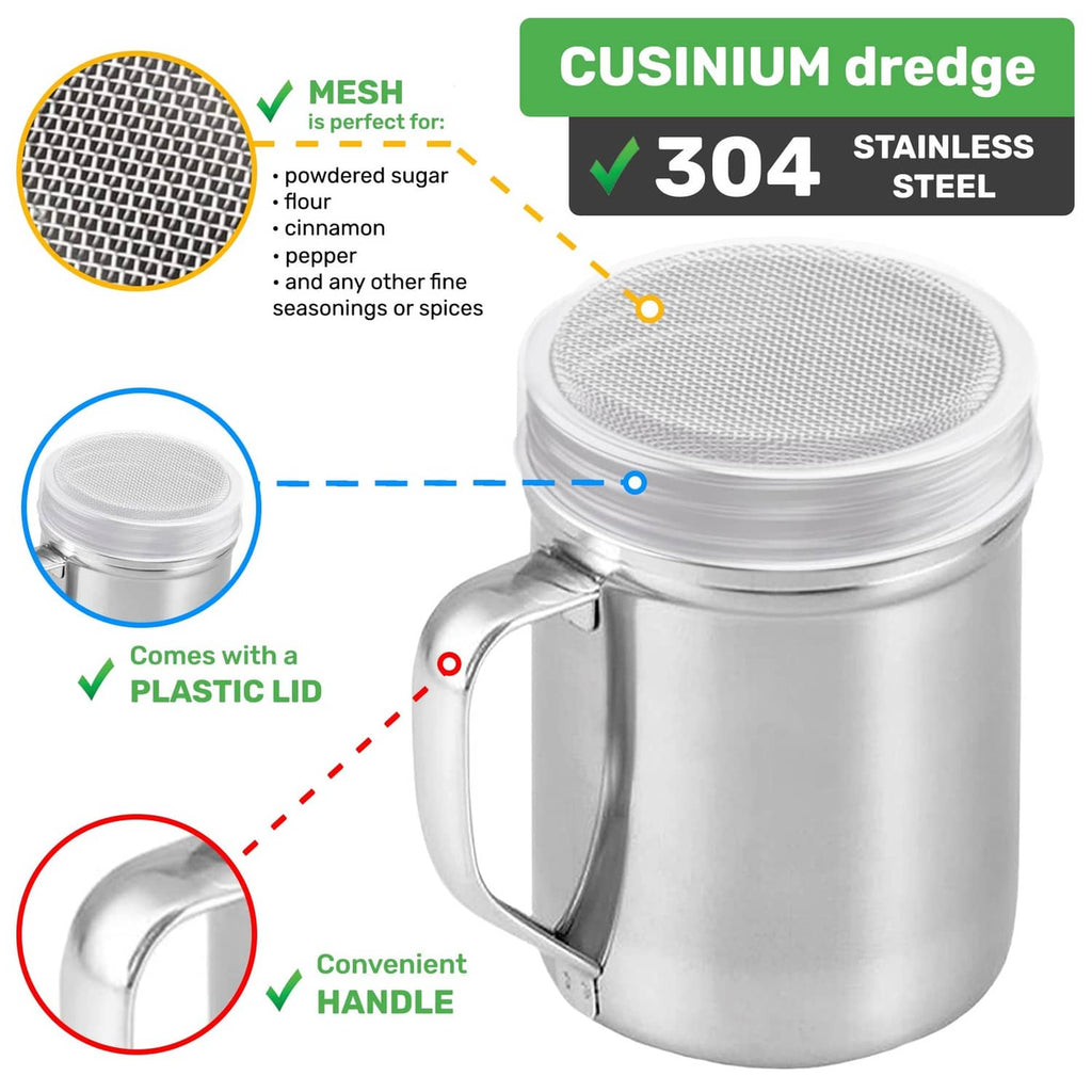 Stainless steel shaker duster with fine mesh screen, plastic lid, and handle